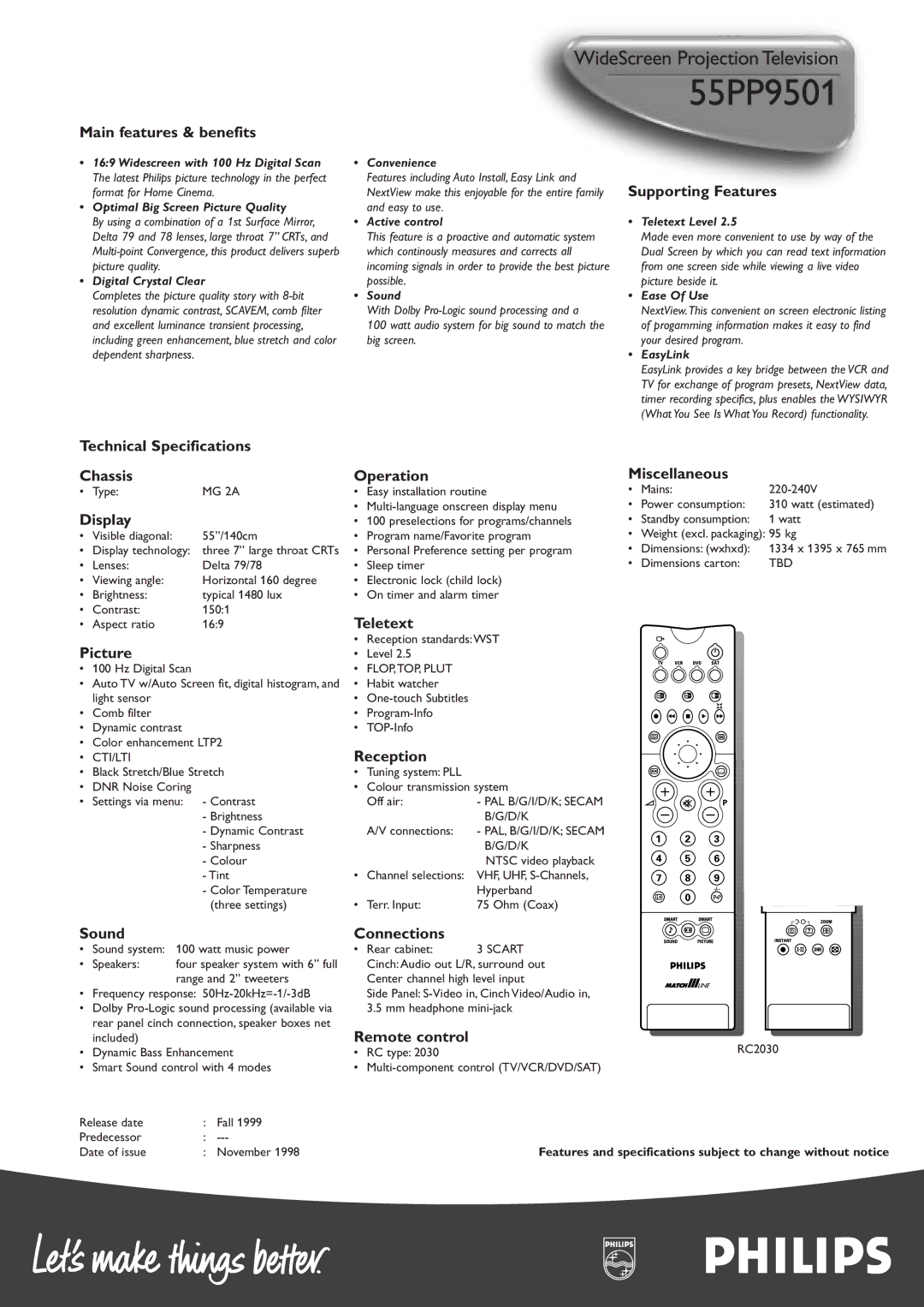 Philips 55PP9501 manual Technical Specifications Chassis 