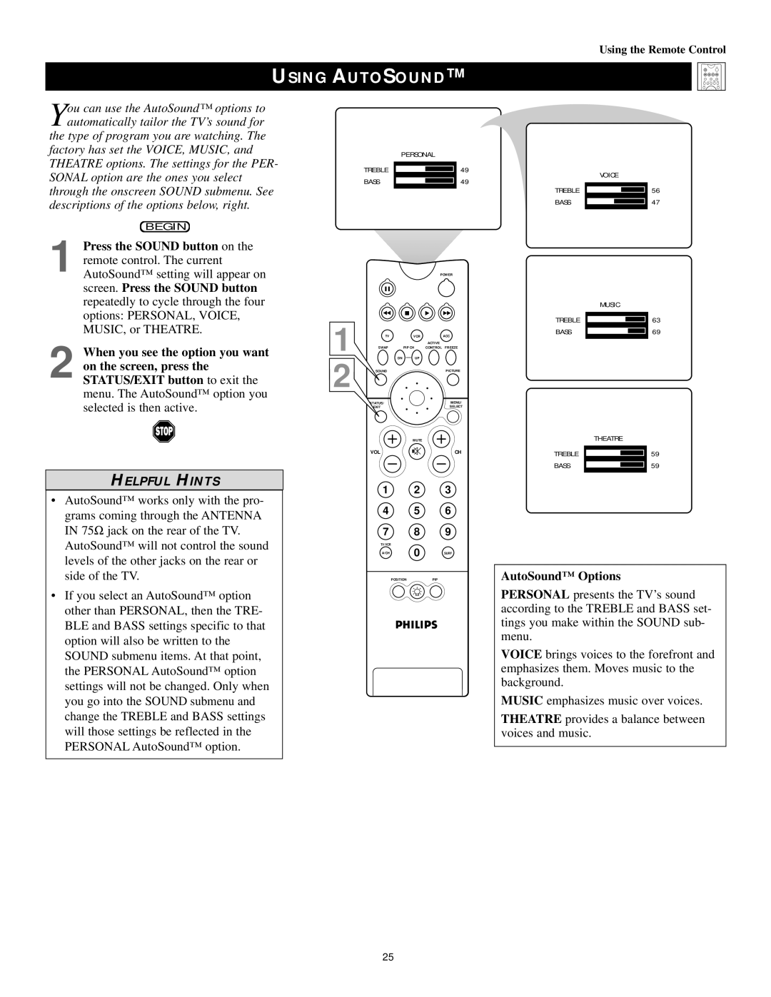 Philips 60PP9502, 55PP9502 manual Using Autosound, AutoSound Options 