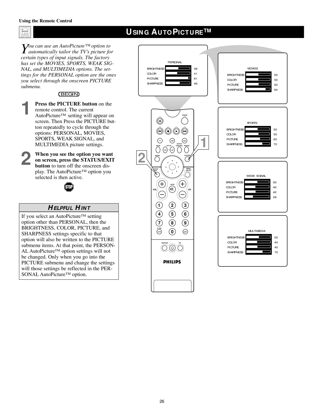 Philips 55PP9502, 60PP9502 manual Using Autopicture, Color Picture 