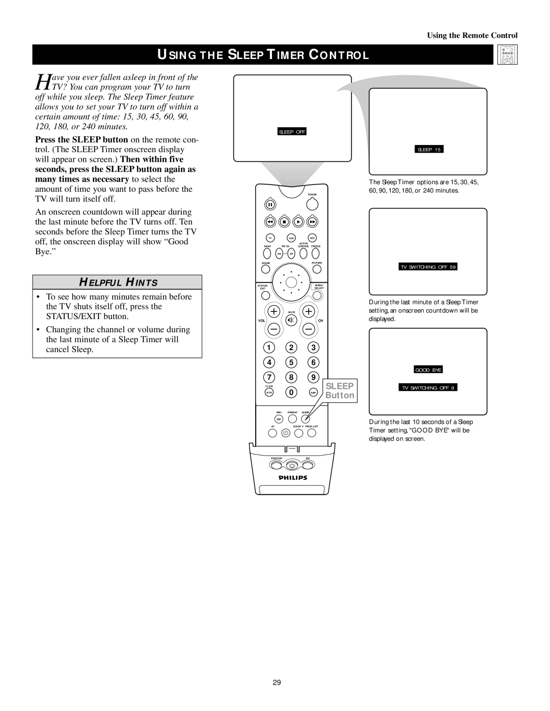 Philips 60PP9502, 55PP9502 manual Using, Sleep Timer Control 