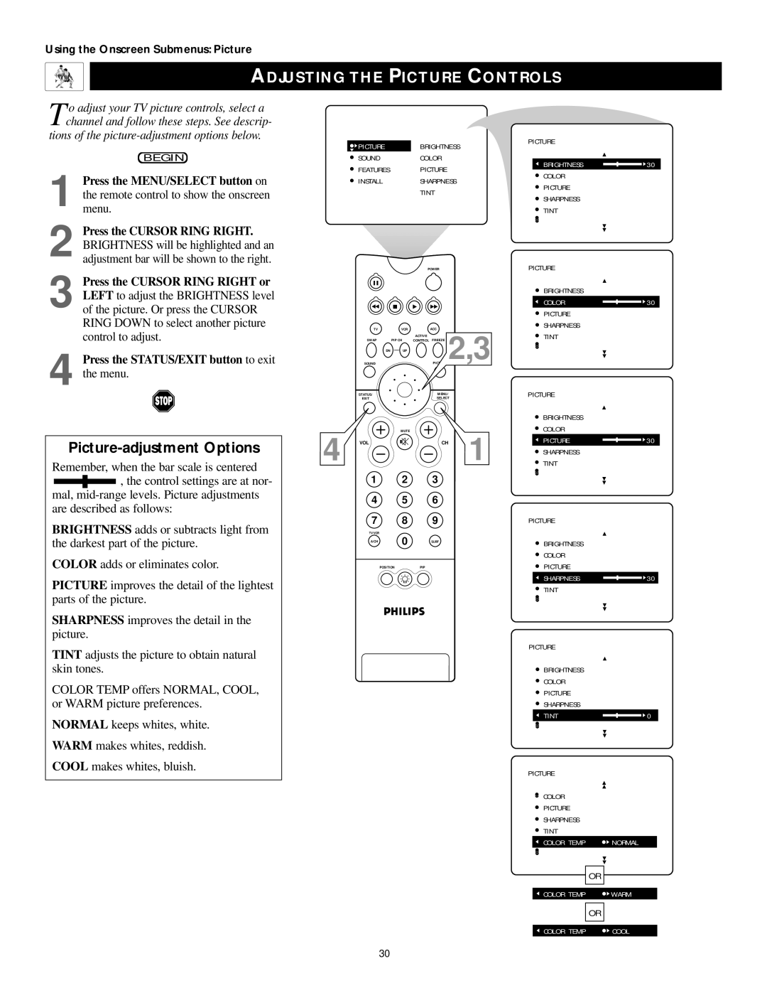 Philips 55PP9502, 60PP9502 manual Adjusting the Picture Controls, Picture-adjustment Options 