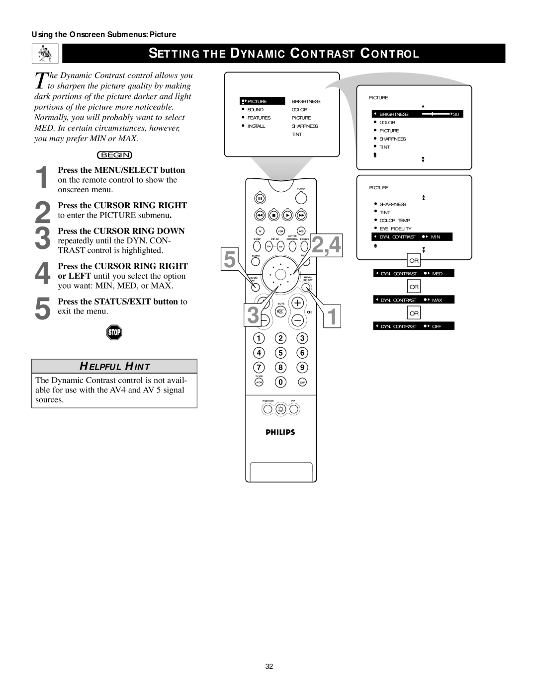 Philips 55PP9502, 60PP9502 manual Setting the Dynamic Contrast Control, Picture Sharpness Tint 