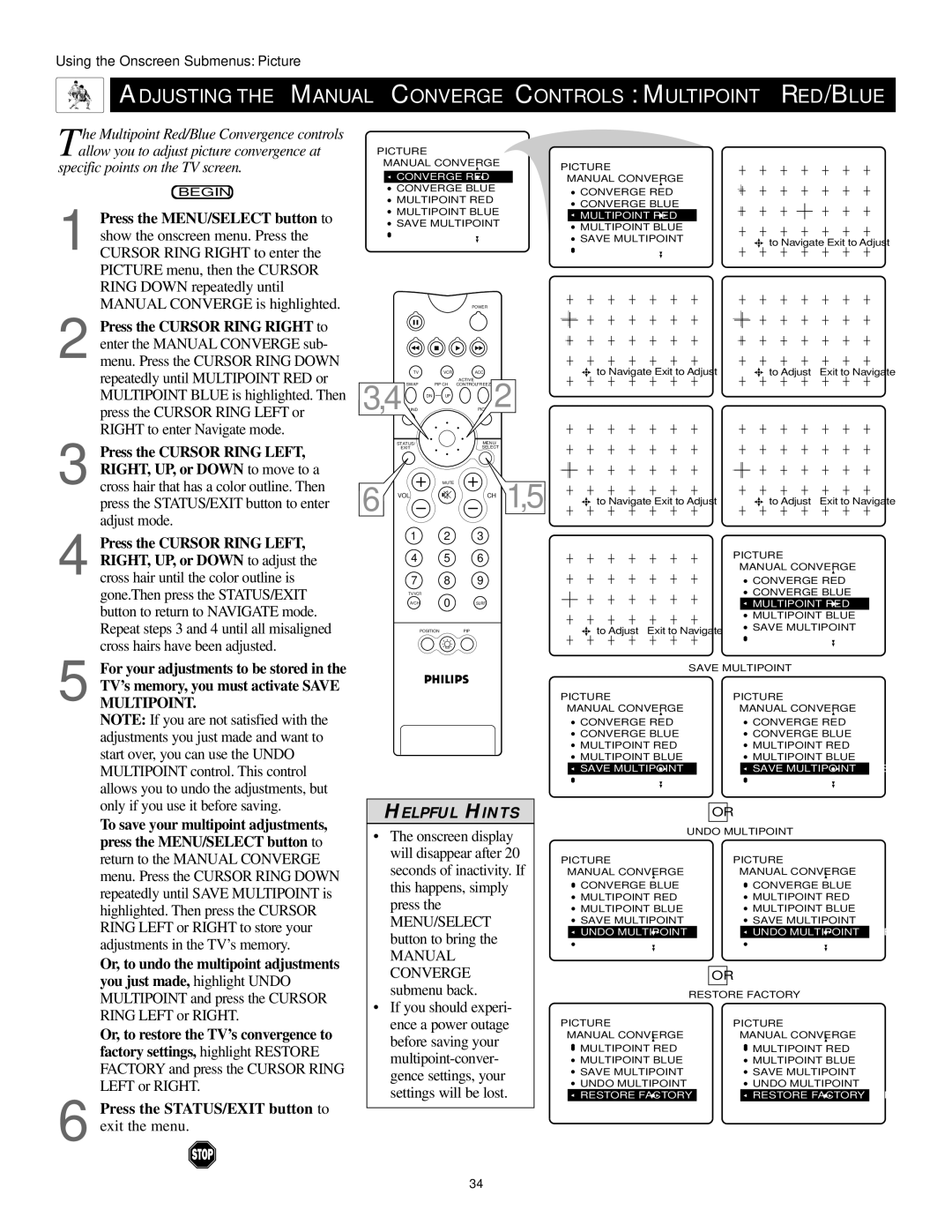 Philips 55PP9502, 60PP9502 manual Swap, Adjusting the Manual Converge Controls Multipoint RED/BLUE 