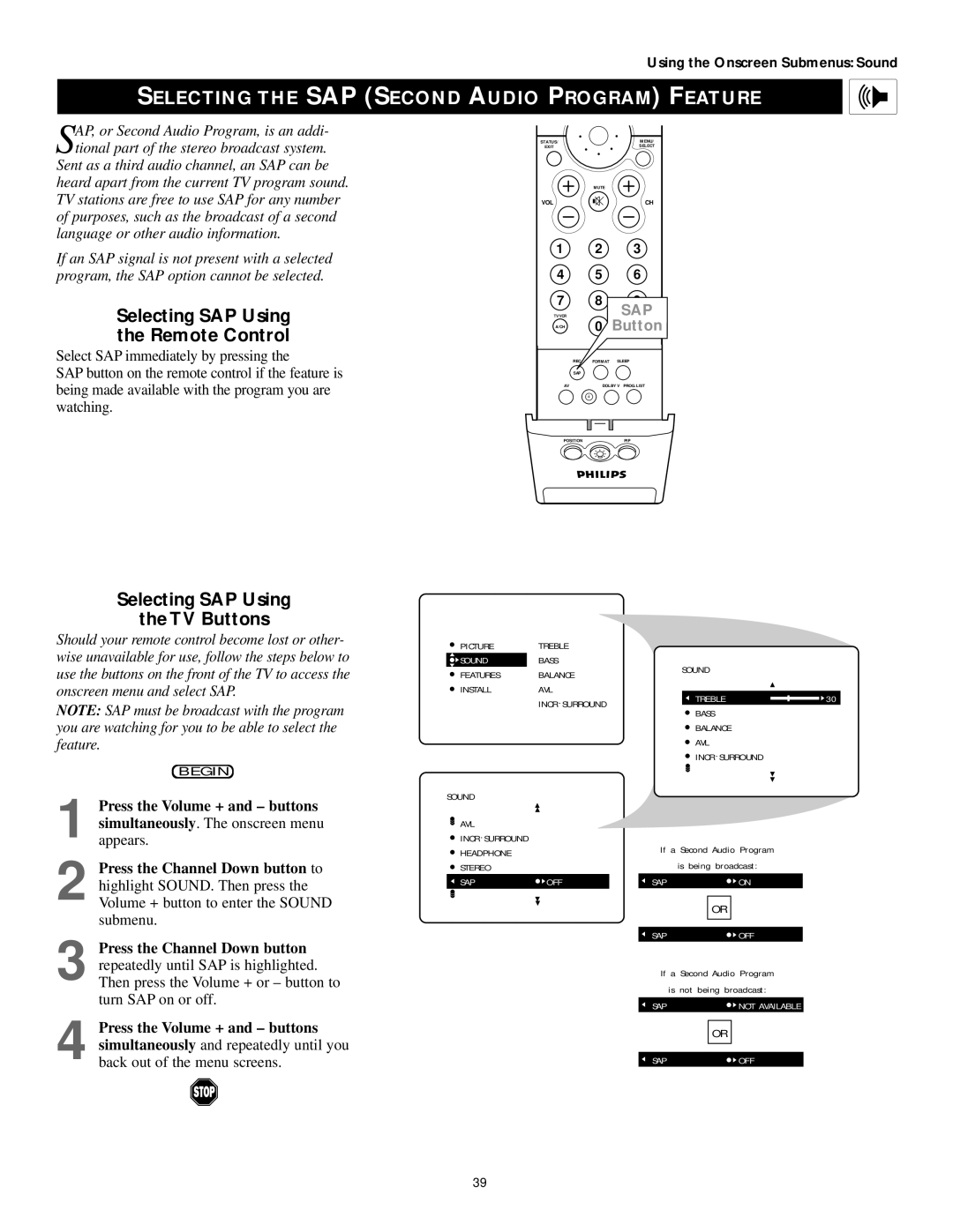 Philips 60PP9502, 55PP9502 manual Selecting the SAP Second Audio Program Feature, Selecting SAP Using Remote Control 