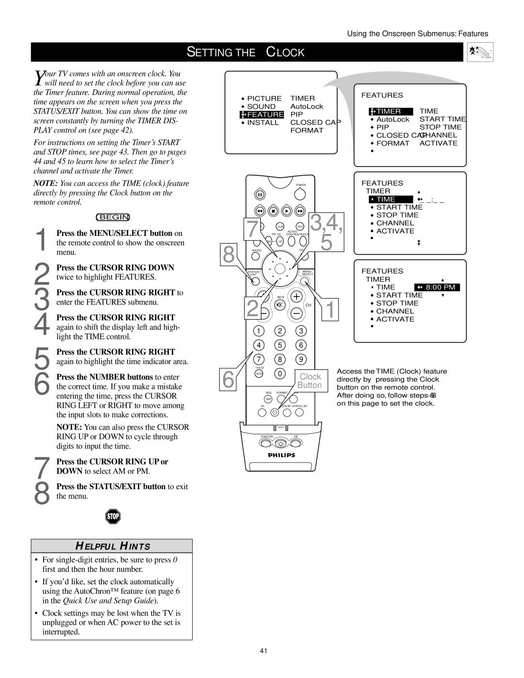 Philips 60PP9502, 55PP9502 manual Setting the Clock, Features 