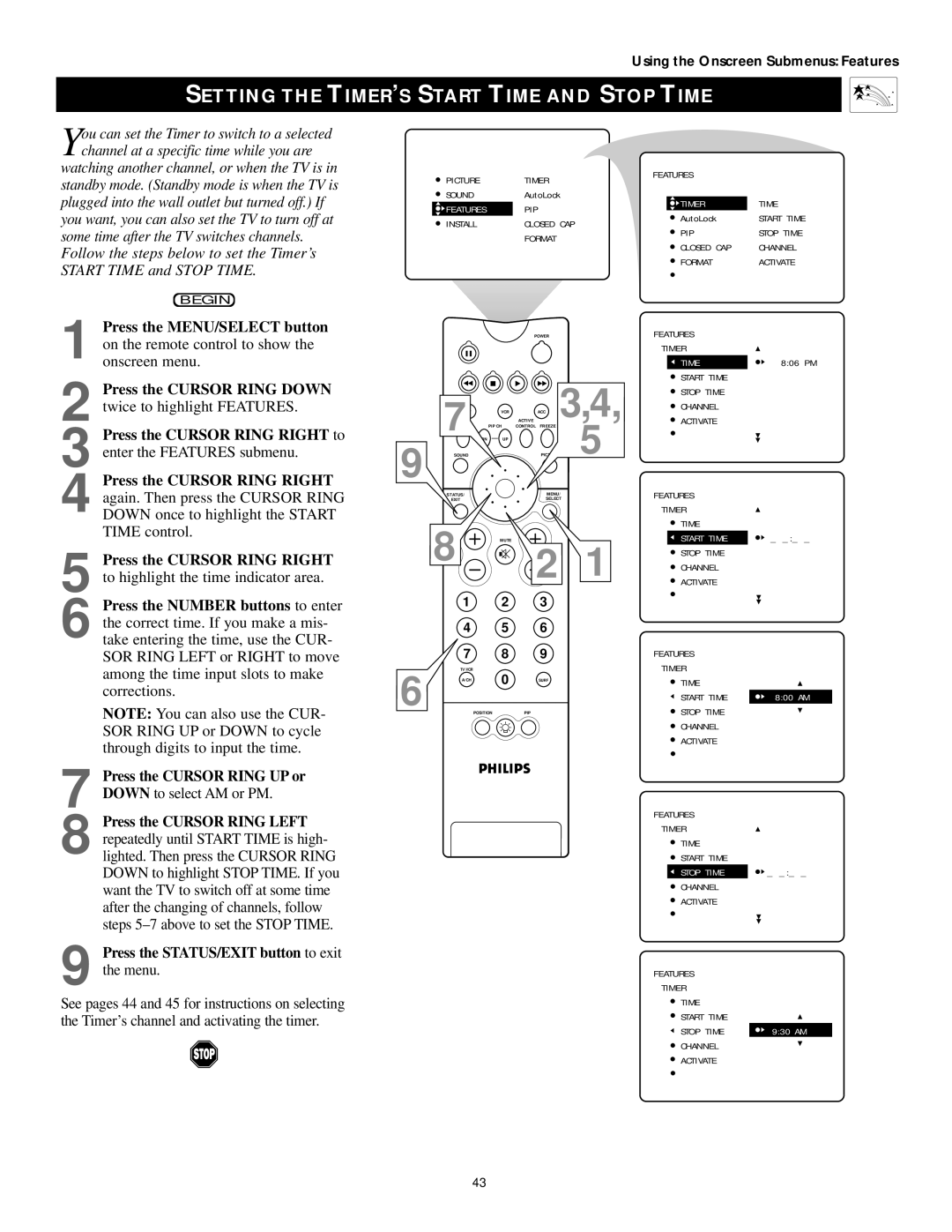 Philips 60PP9502, 55PP9502 manual Setting the TIMER’S Start Time and Stop Time 