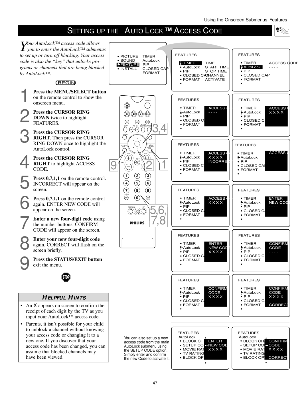 Philips 60PP9502, 55PP9502 manual Setting UP the Autolock Access Code, Features 