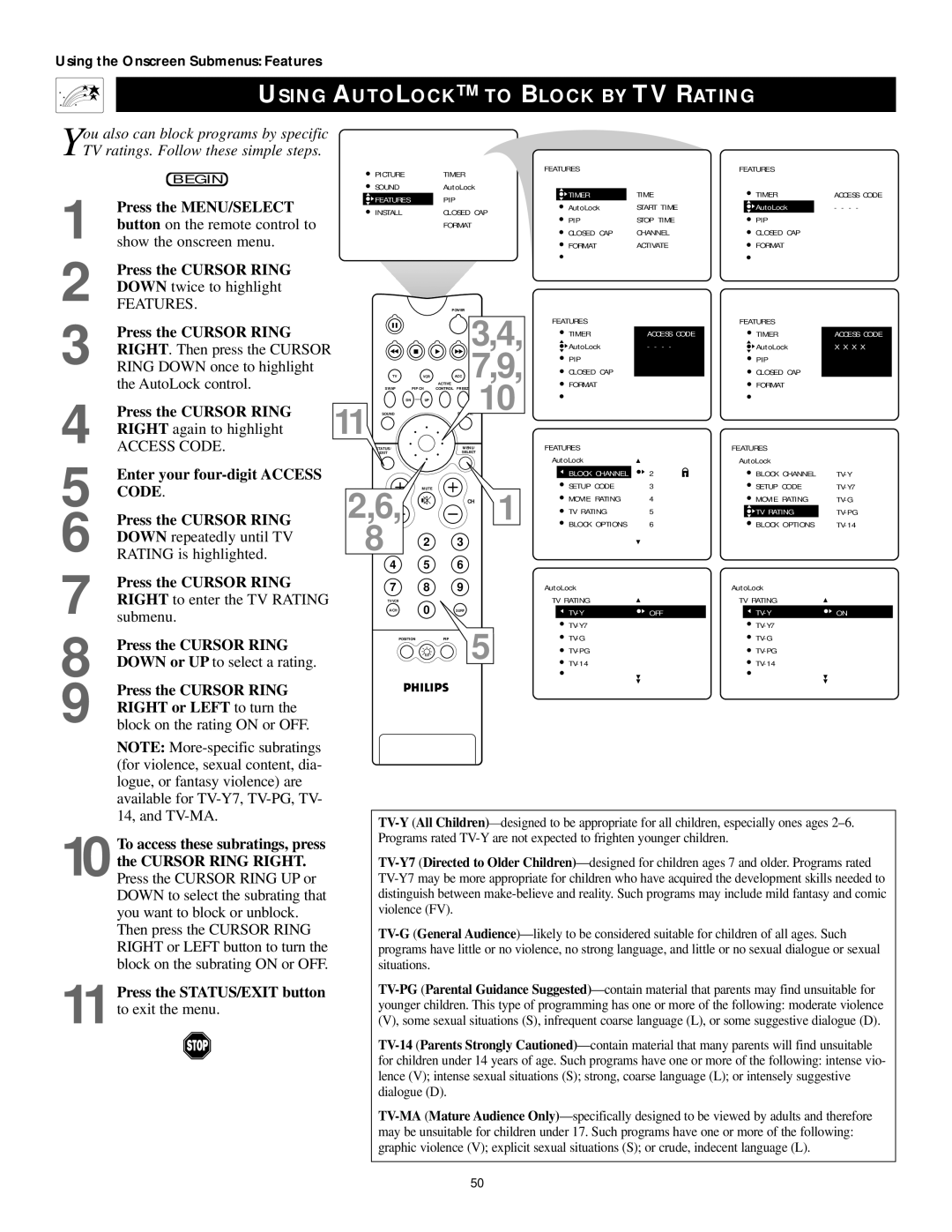 Philips 55PP9502, 60PP9502 manual Using Autolock to Block by TV Rating 