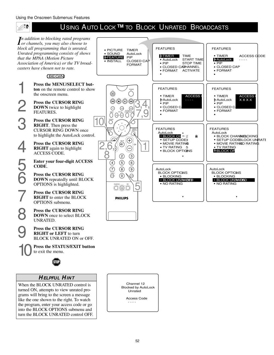 Philips 55PP9502, 60PP9502 manual Using Autolock to Block Unrated Broadcasts 