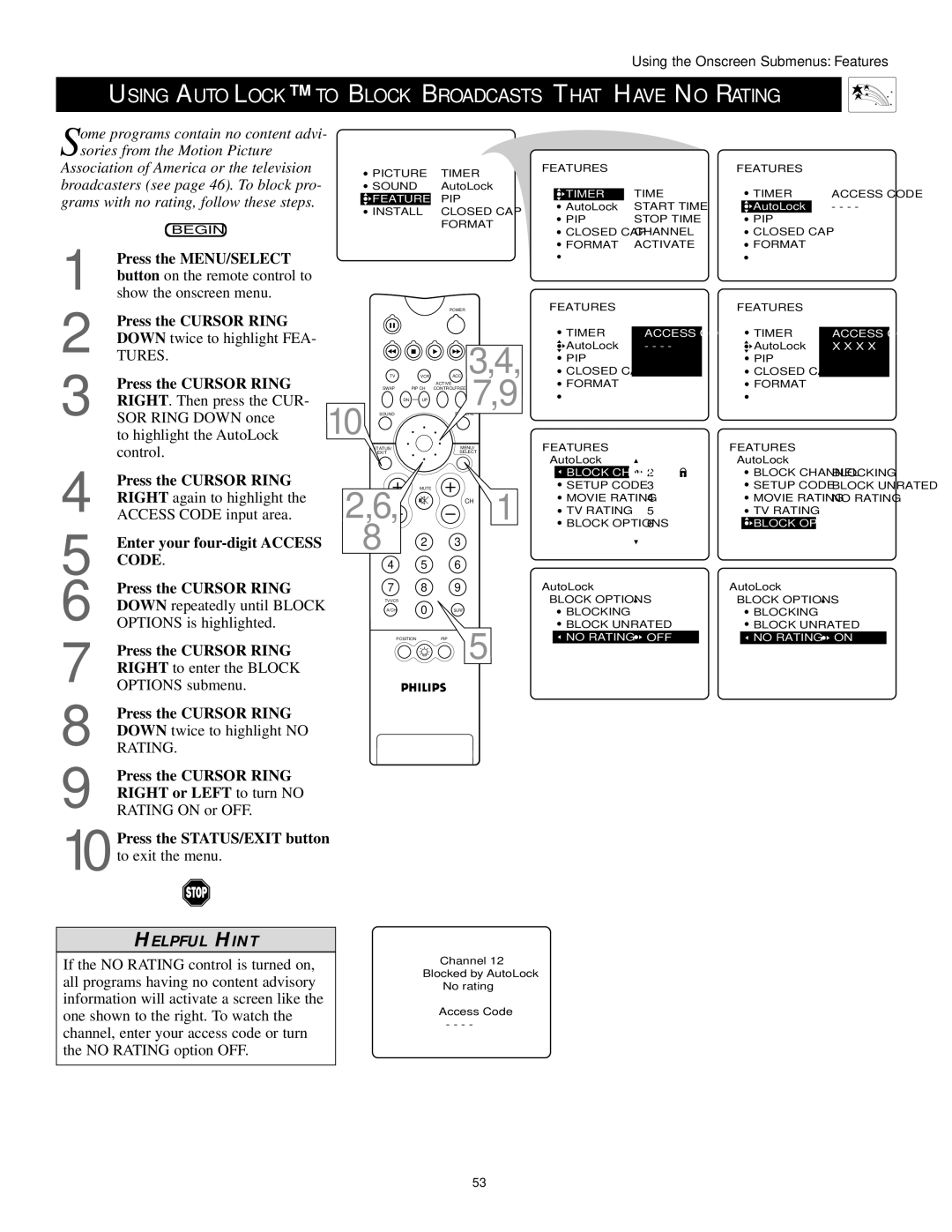 Philips 60PP9502, 55PP9502 manual Using Autolock to Block Broadcasts That have no Rating 