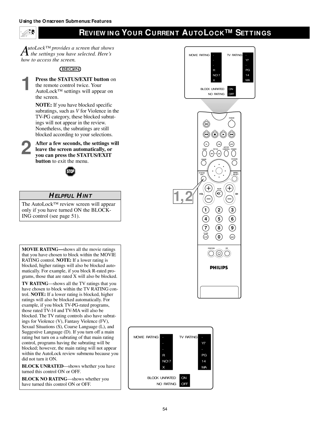 Philips 55PP9502, 60PP9502 manual Reviewing Your Current Autolock Settings, Press the STATUS/EXIT button on 