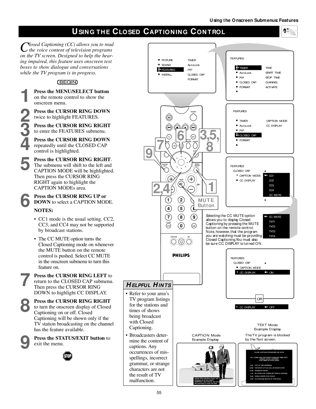 Philips 60PP9502, 55PP9502 manual Using the Closed Captioning Control, Mute 