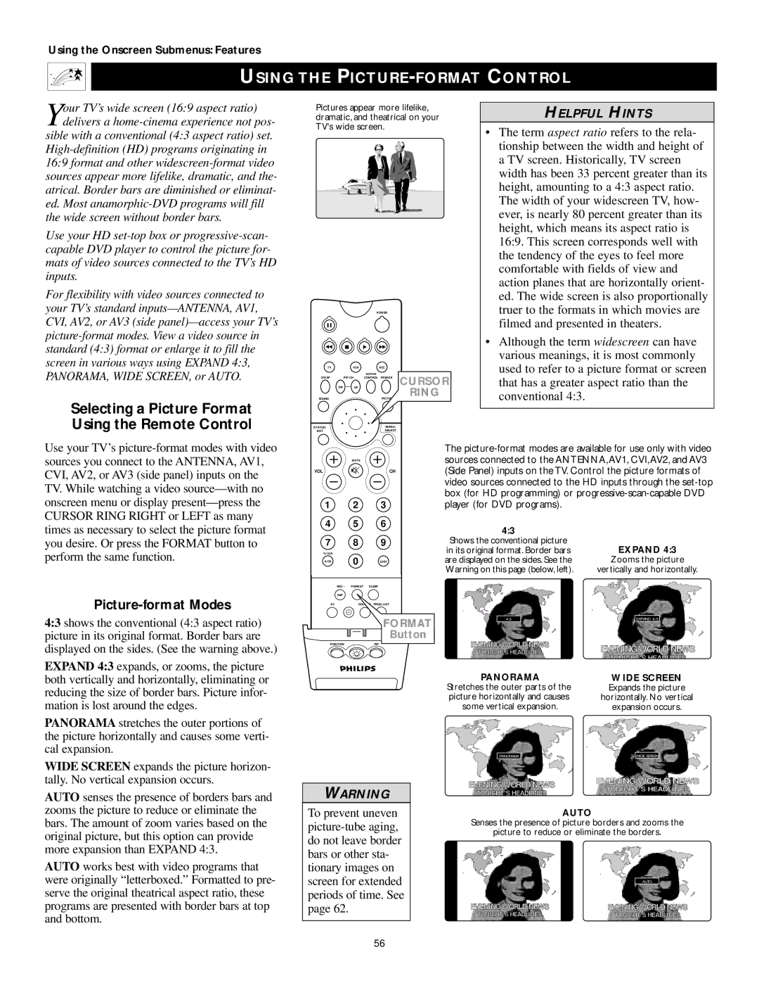 Philips 55PP9502, 60PP9502 manual Using the PICTURE-FORMAT Control, Selecting a Picture Format Using the Remote Control 