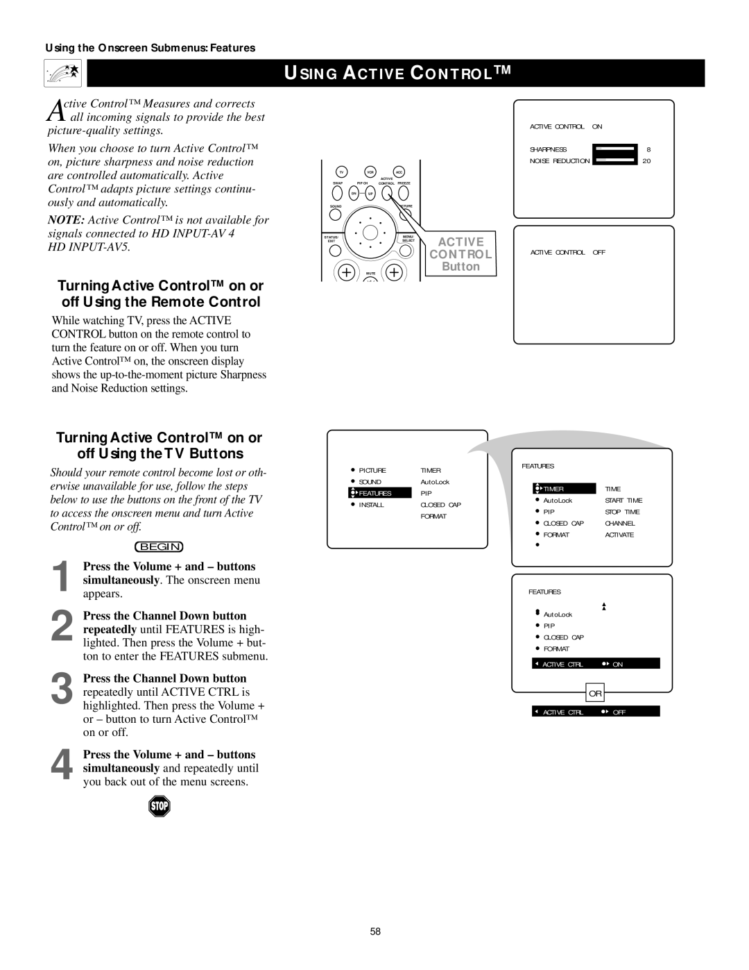 Philips 55PP9502, 60PP9502 manual Using Active Control, Turning Active Control on or Off Using the TV Buttons 