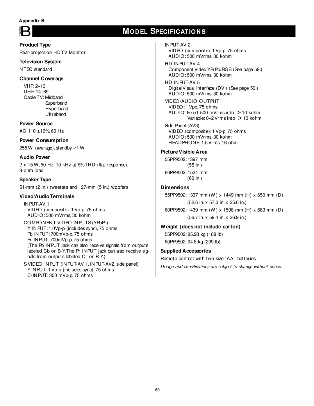 Philips 55PP9502, 60PP9502 manual Model, Specifications 