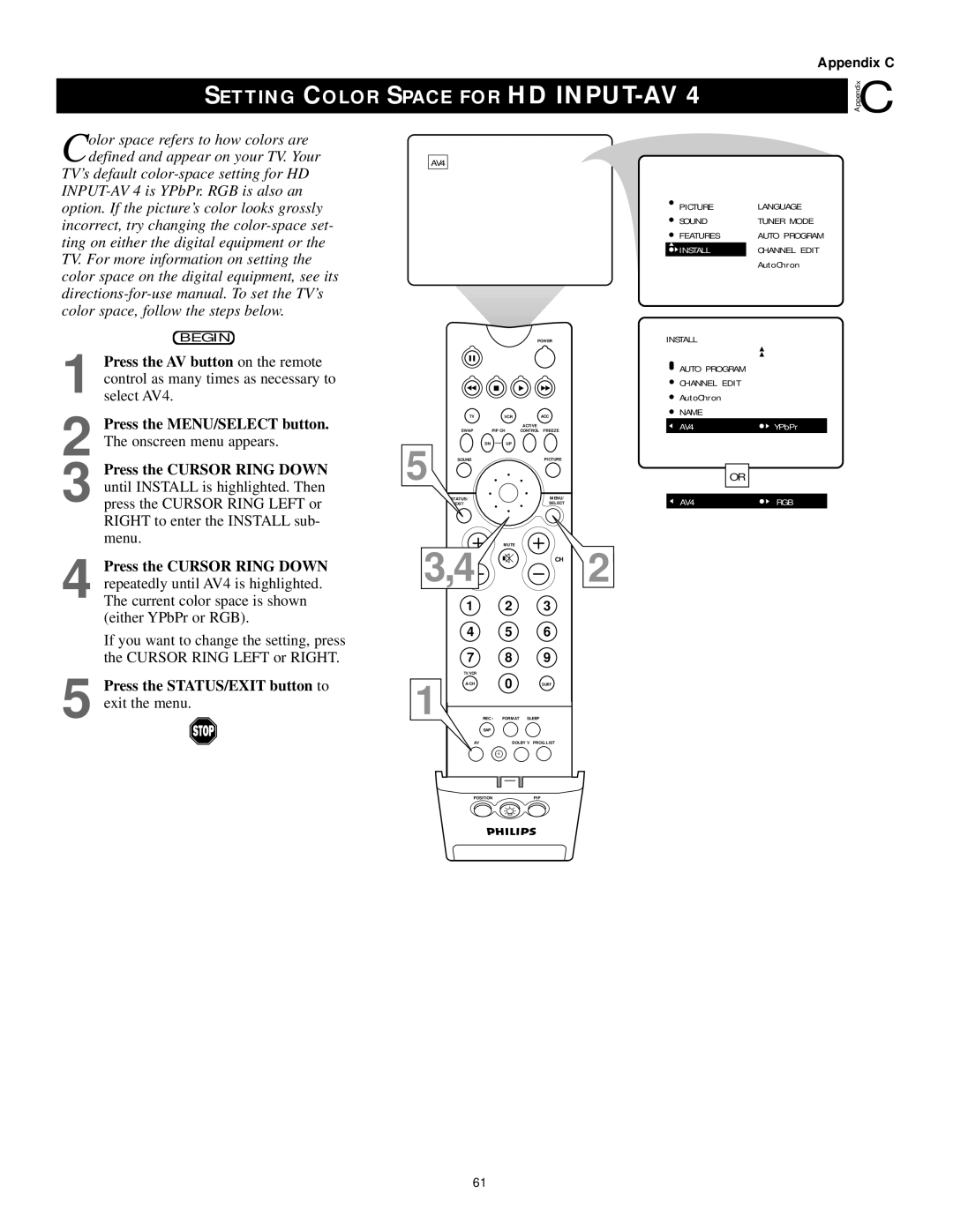 Philips 60PP9502, 55PP9502 manual Space for HD INPUT-AV, Setting Color 