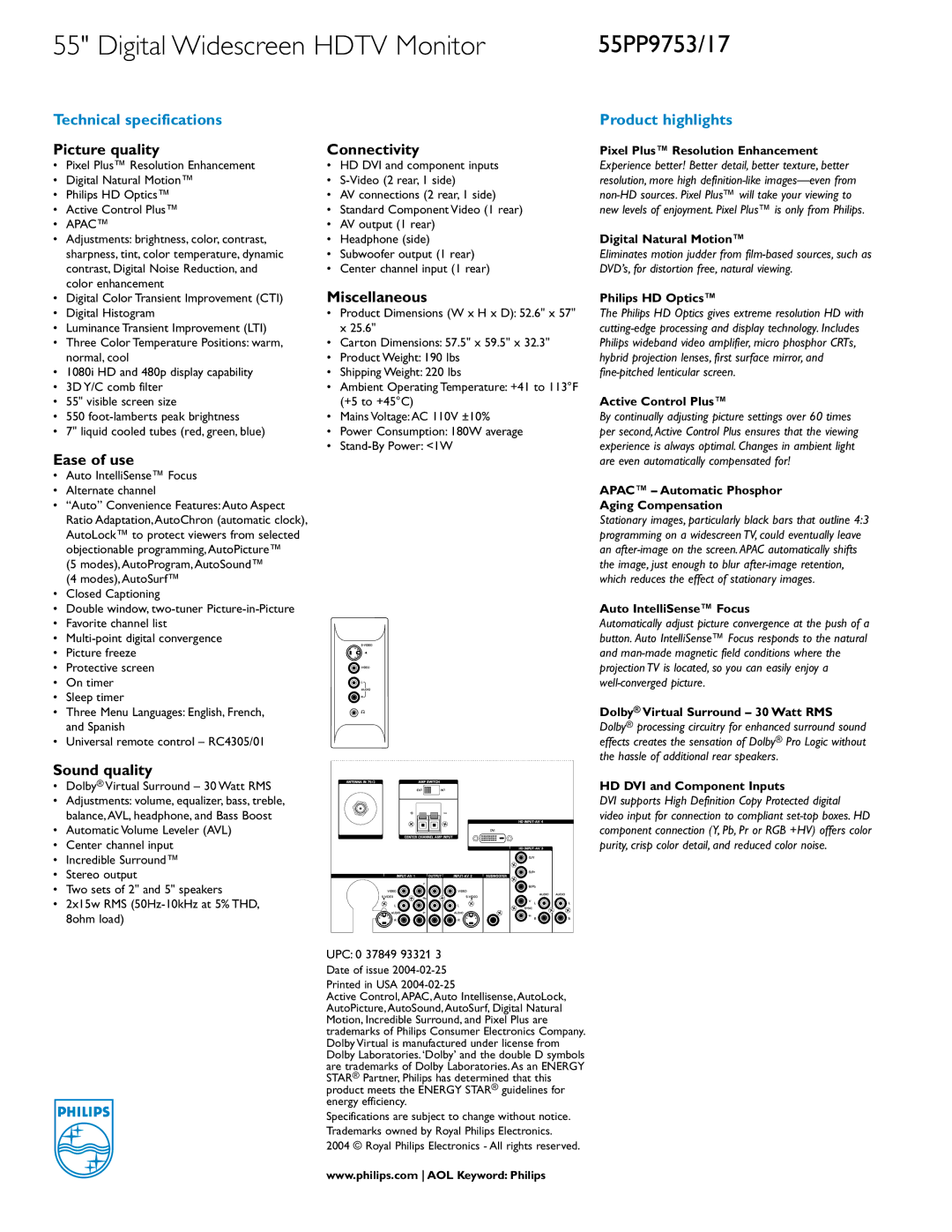 Philips 55PP9753, 55PP9717 manual Picture quality, Ease of use, Sound quality, Connectivity, Miscellaneous 