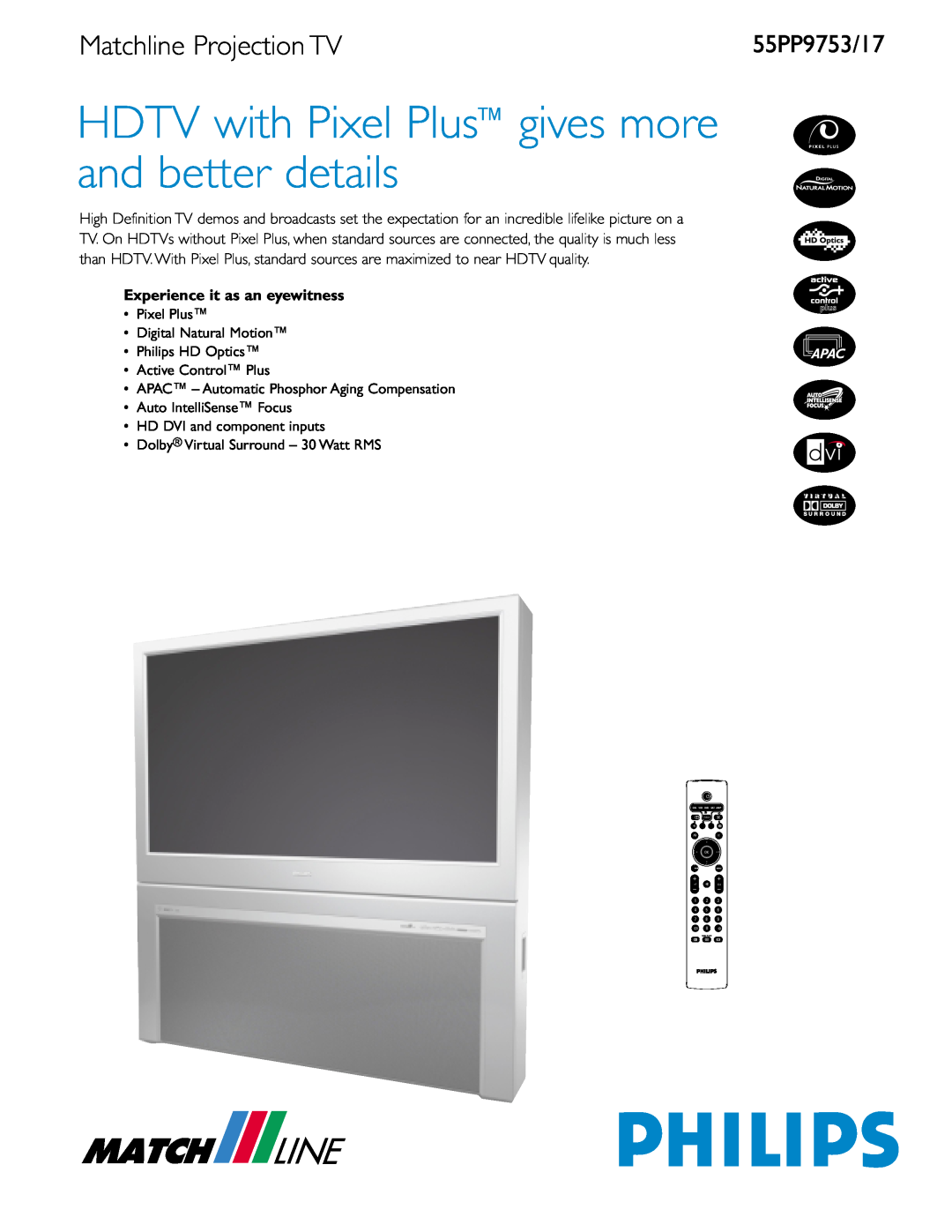 Philips 55PP9717 manual Matchline Projection TV, 55PP9753/17, Experience it as an eyewitness 
