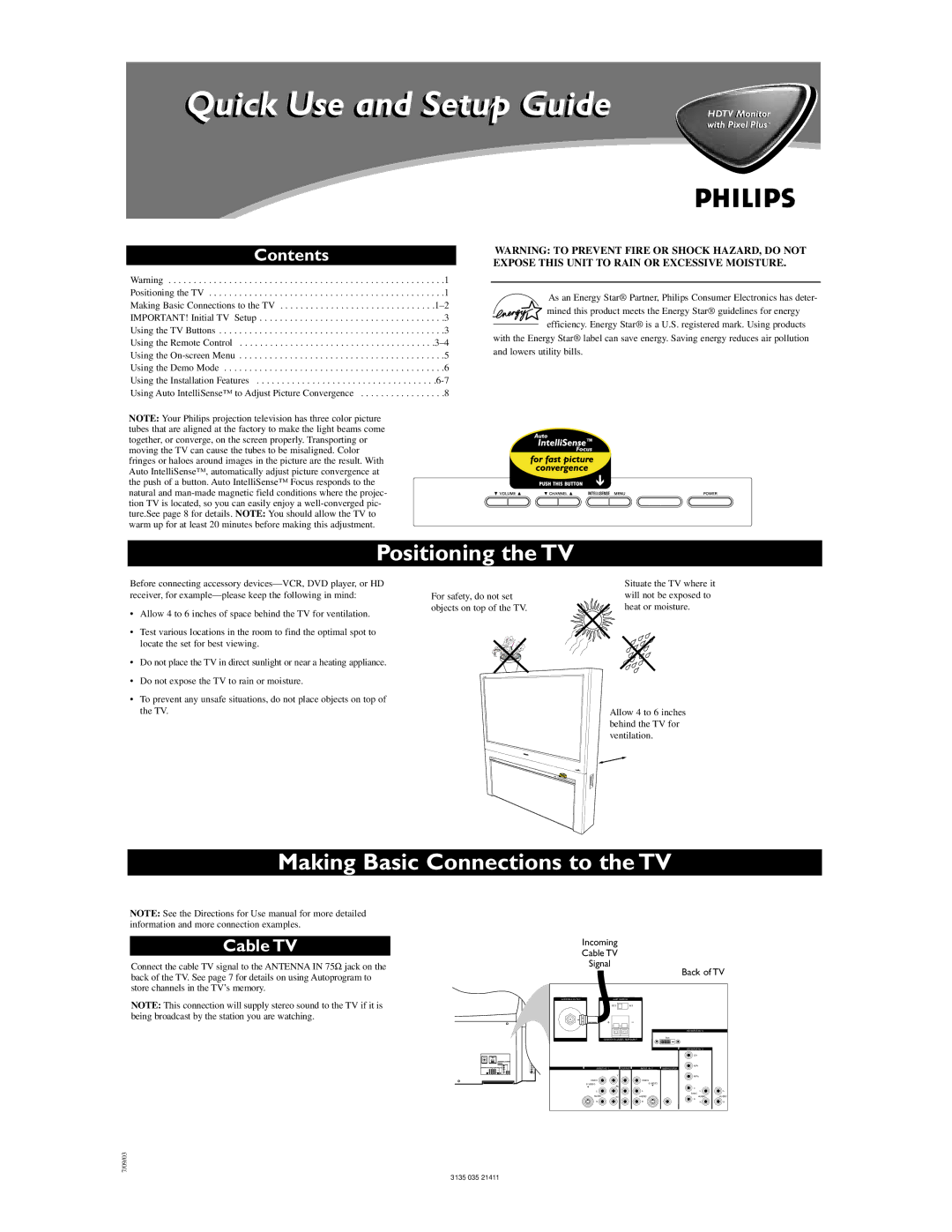 Philips 55PP9753/17 setup guide Positioning the TV, Making Basic Connections to the TV, Contents, Cable TV 