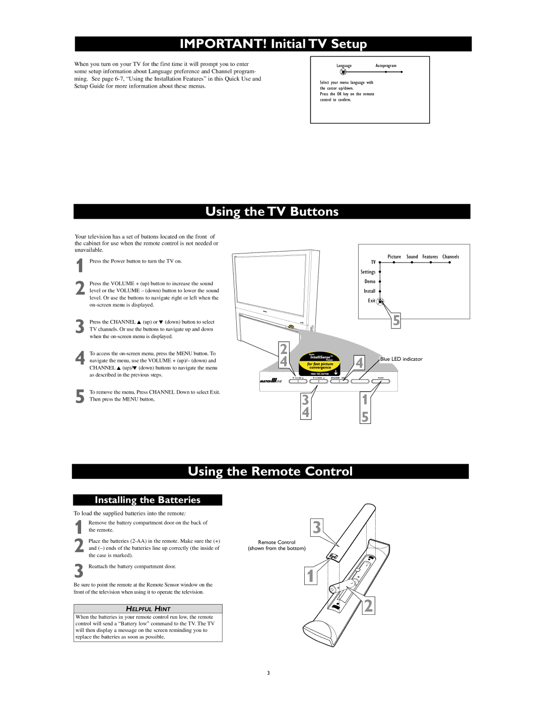 Philips 55PP9753/17 IMPORTANT! Initial TV Setup, Using the TV Buttons, Using the Remote Control, Installing the Batteries 