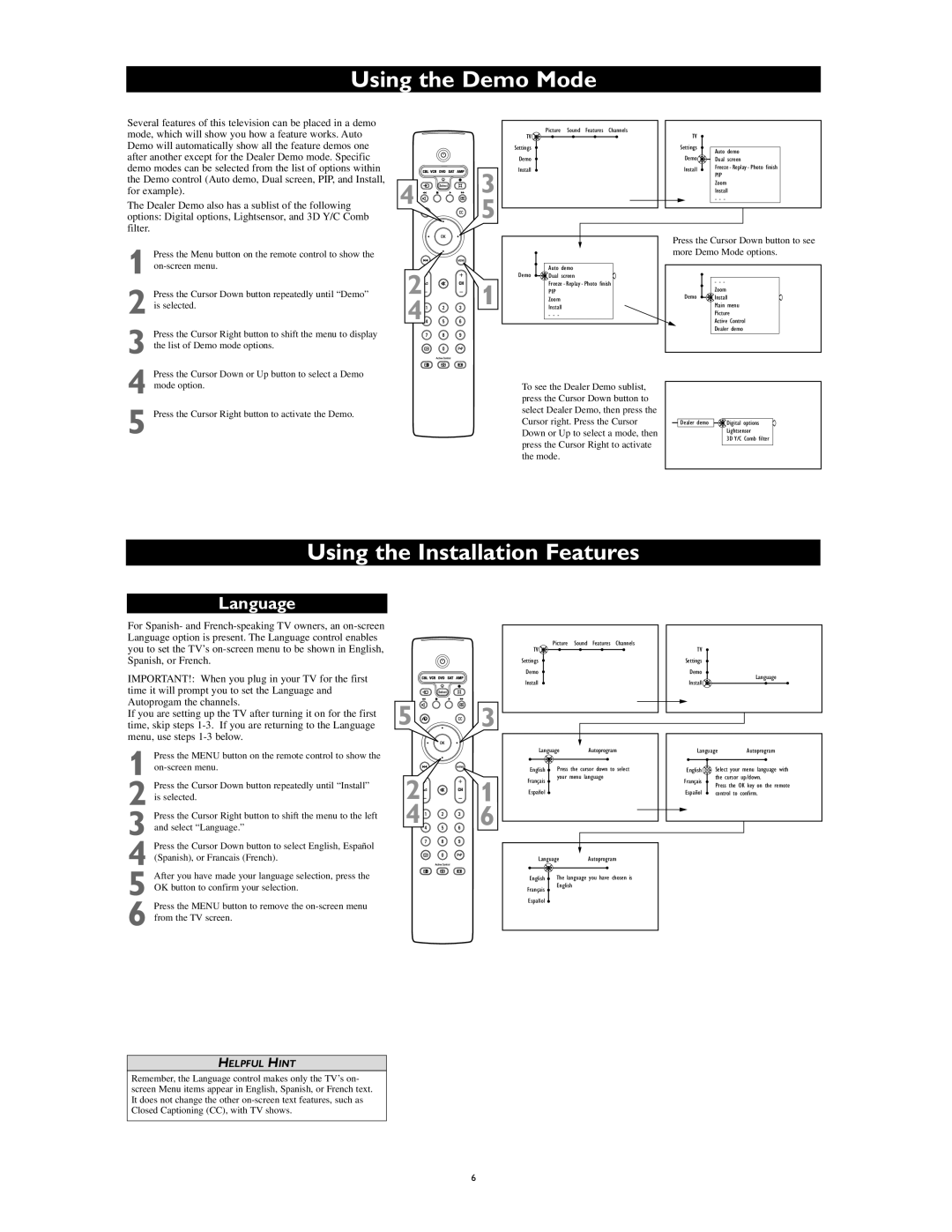 Philips 55PP9753/17 setup guide Using the Demo Mode, Using the Installation Features, Language 