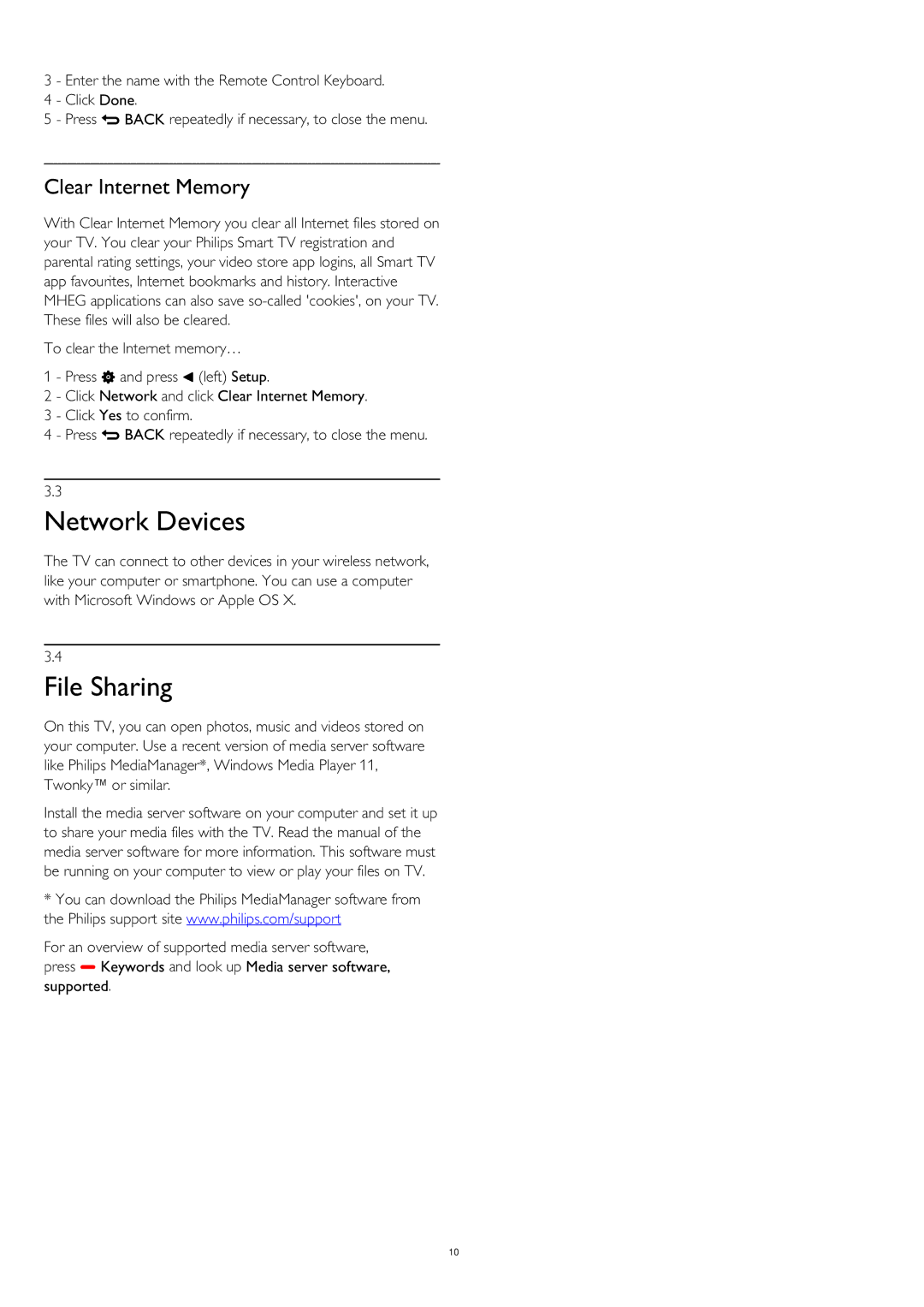 Philips 55PUS8809 user manual Network Devices, File Sharing, Clear Internet Memory 