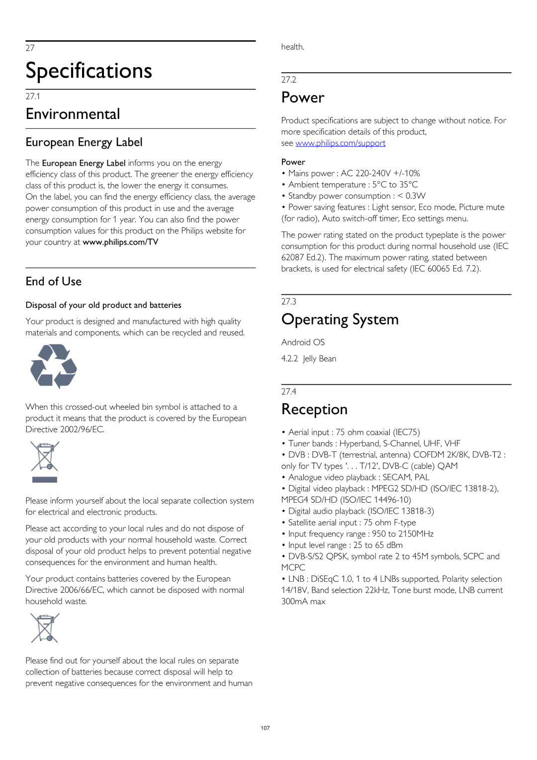 Philips 55PUS8809 user manual Specifications, Environmental, Power, Operating System, Reception 