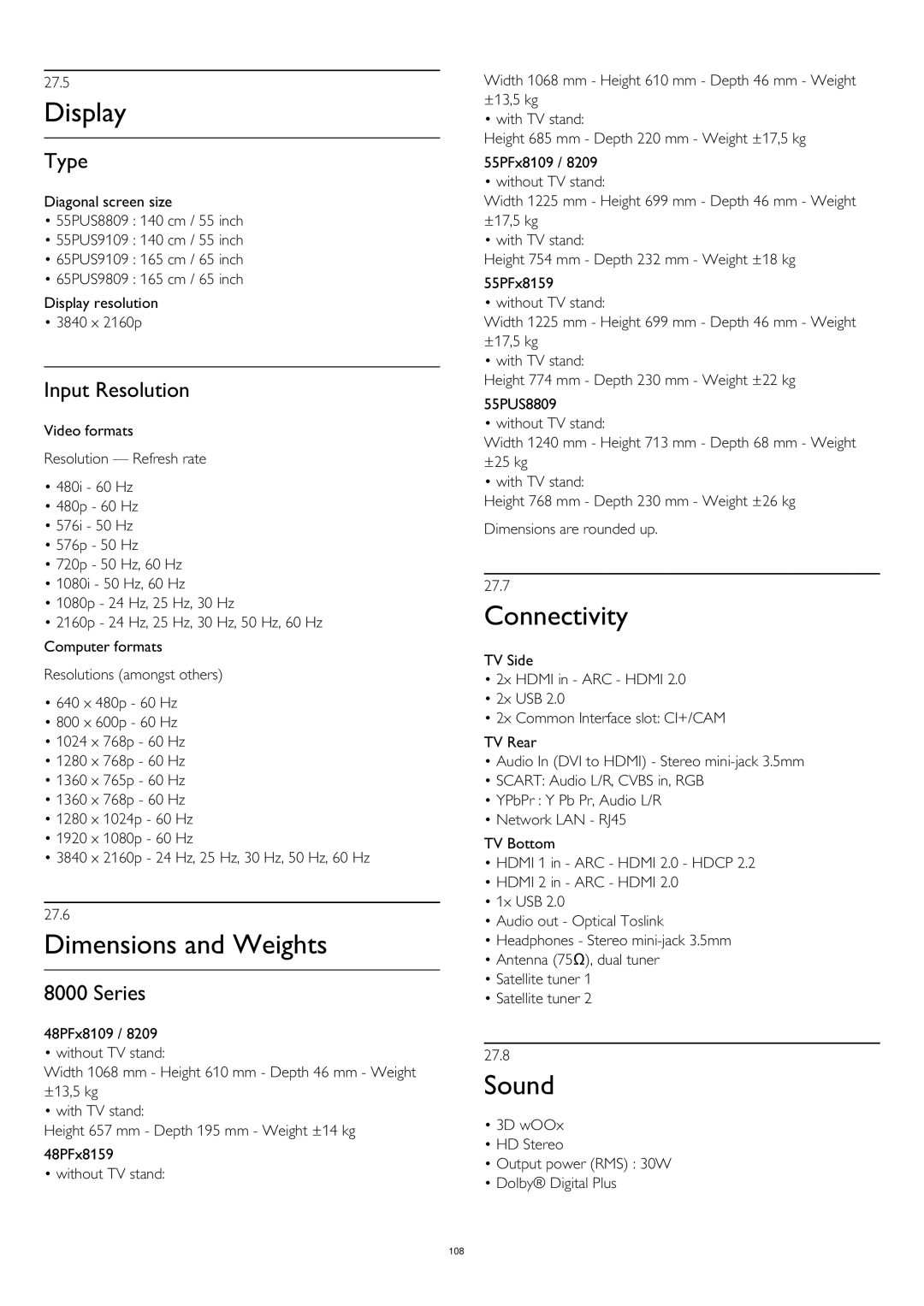 Philips 55PUS8809 user manual Display, Dimensions and Weights, Connectivity 