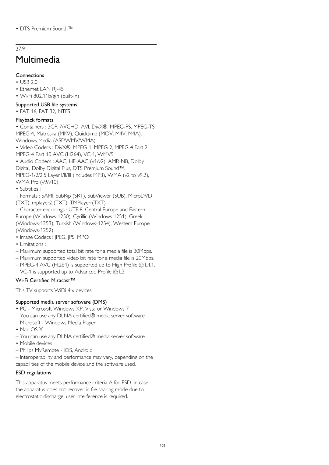 Philips 55PUS8809 user manual Multimedia, DTS Premium Sound 27.9, ESD regulations 