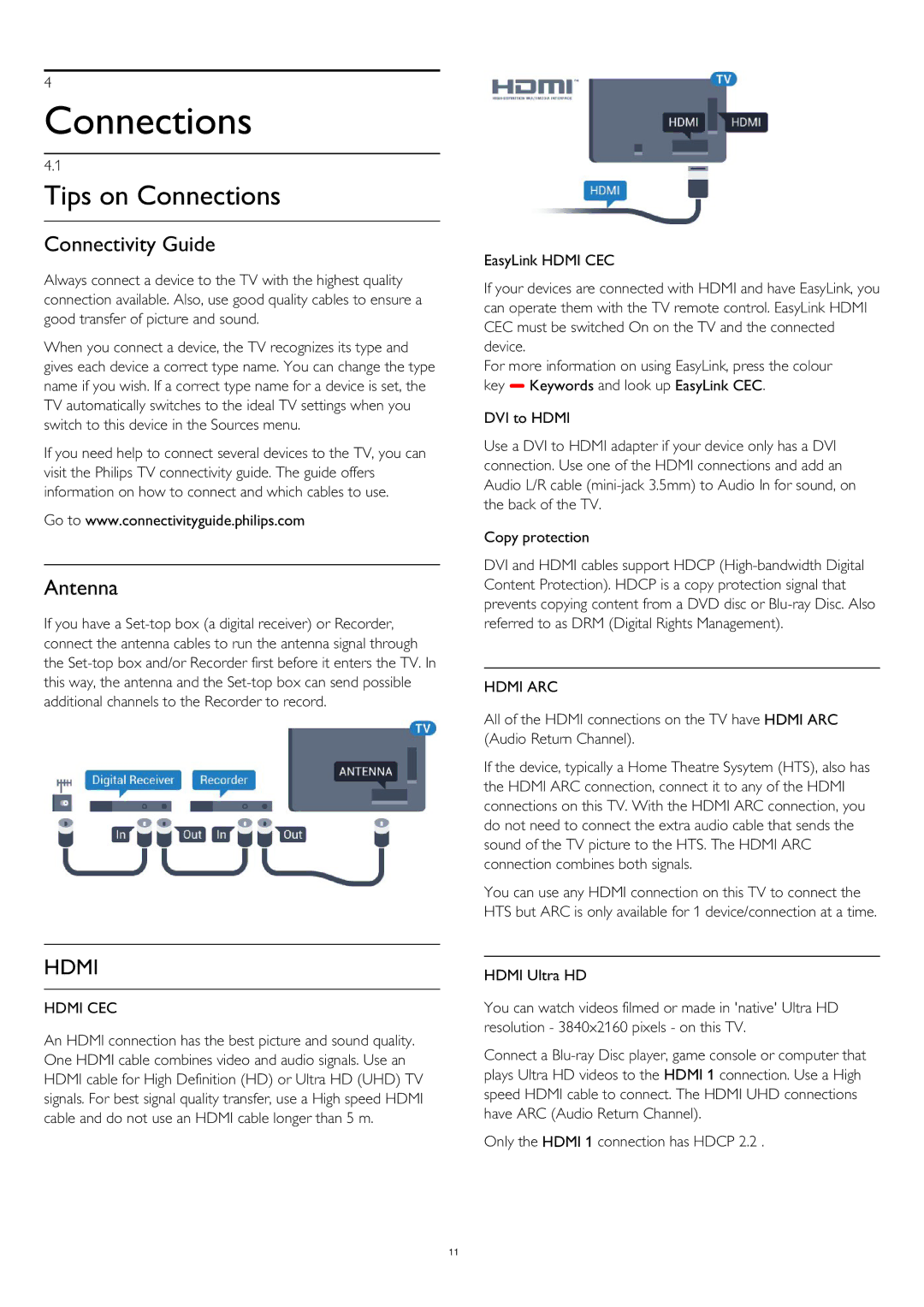 Philips 55PUS8809 user manual Tips on Connections, Connectivity Guide, Antenna 