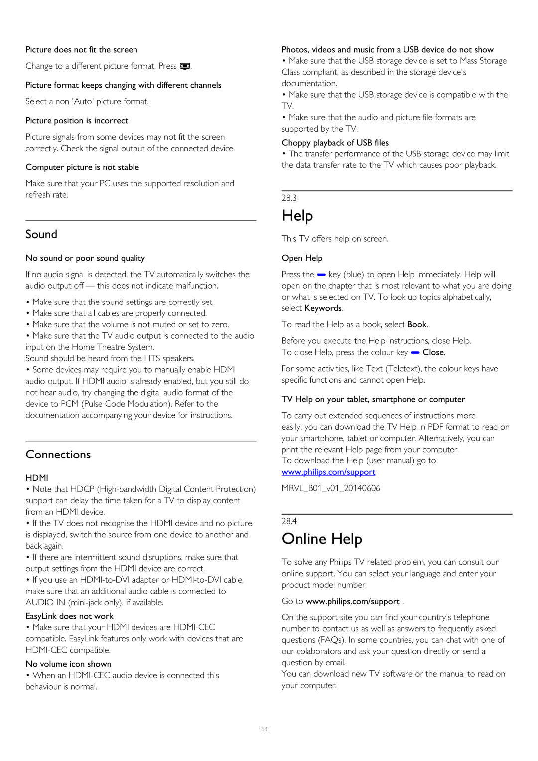 Philips 55PUS8809 user manual Online Help, Sound, Connections, Hdmi 
