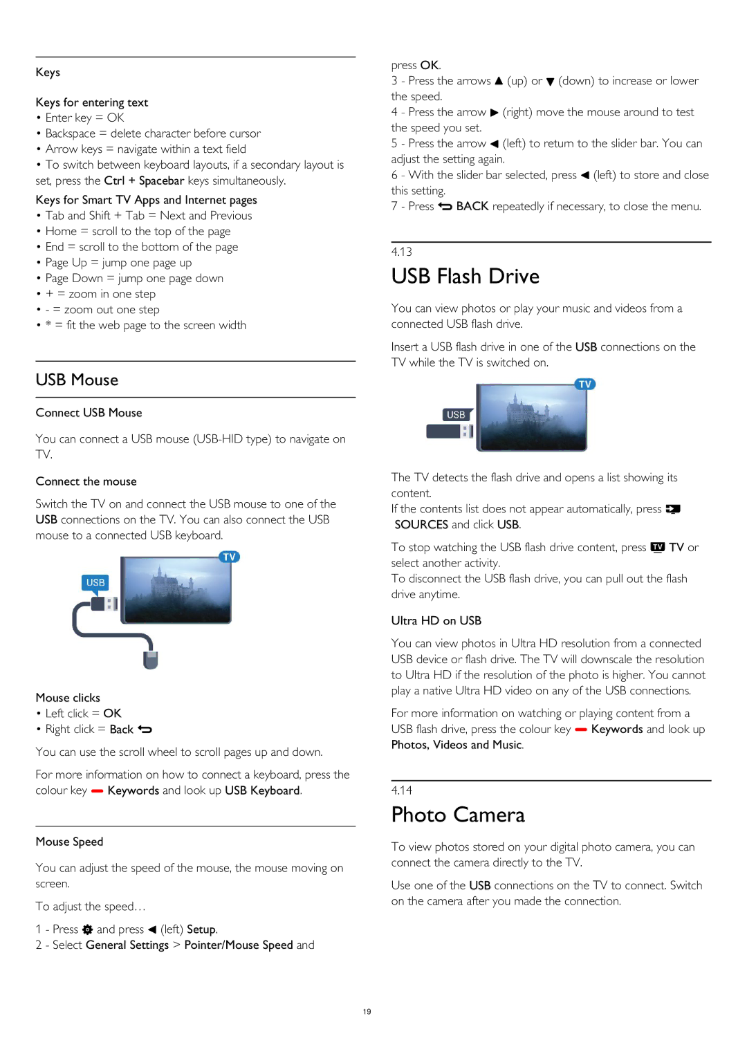 Philips 55PUS8809 user manual USB Flash Drive, Photo Camera, USB Mouse 