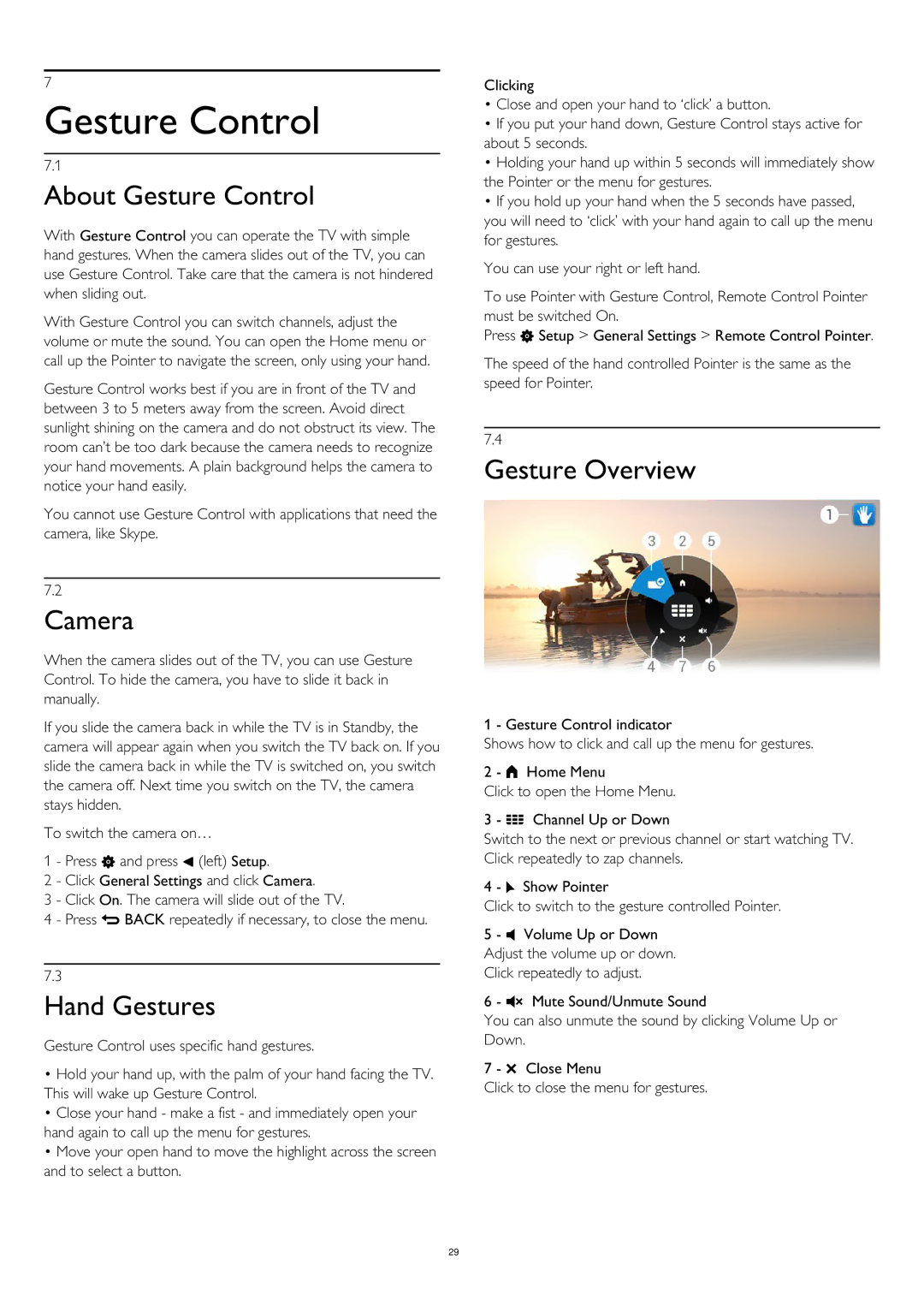 Philips 55PUS8809 user manual About Gesture Control, Camera, Hand Gestures, Gesture Overview 