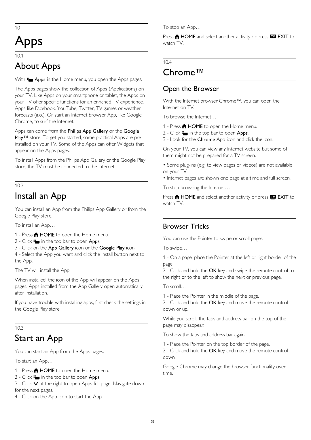 Philips 55PUS8809 user manual About Apps, Install an App, Start an App, Chrome 