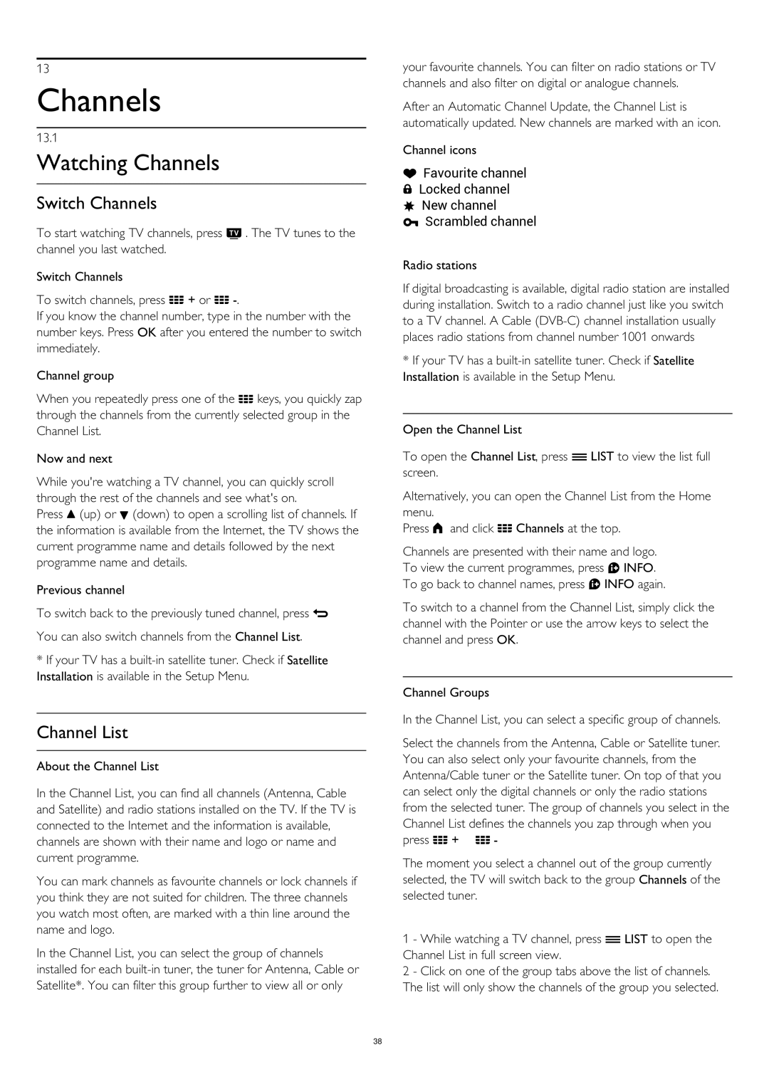 Philips 55PUS8809 user manual Watching Channels, Switch Channels, Channel List, 13.1 