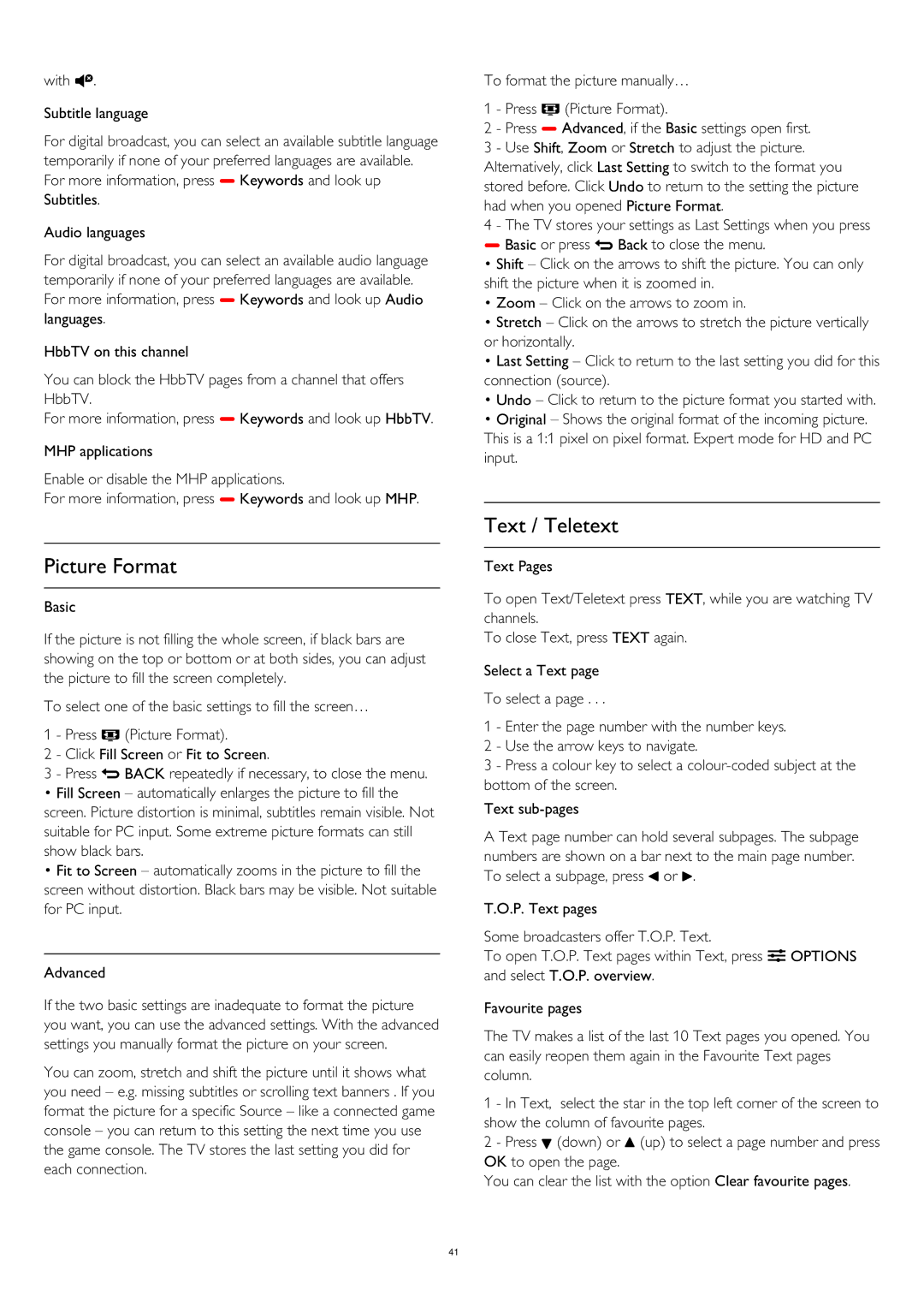 Philips 55PUS8809 user manual Picture Format, Text / Teletext 