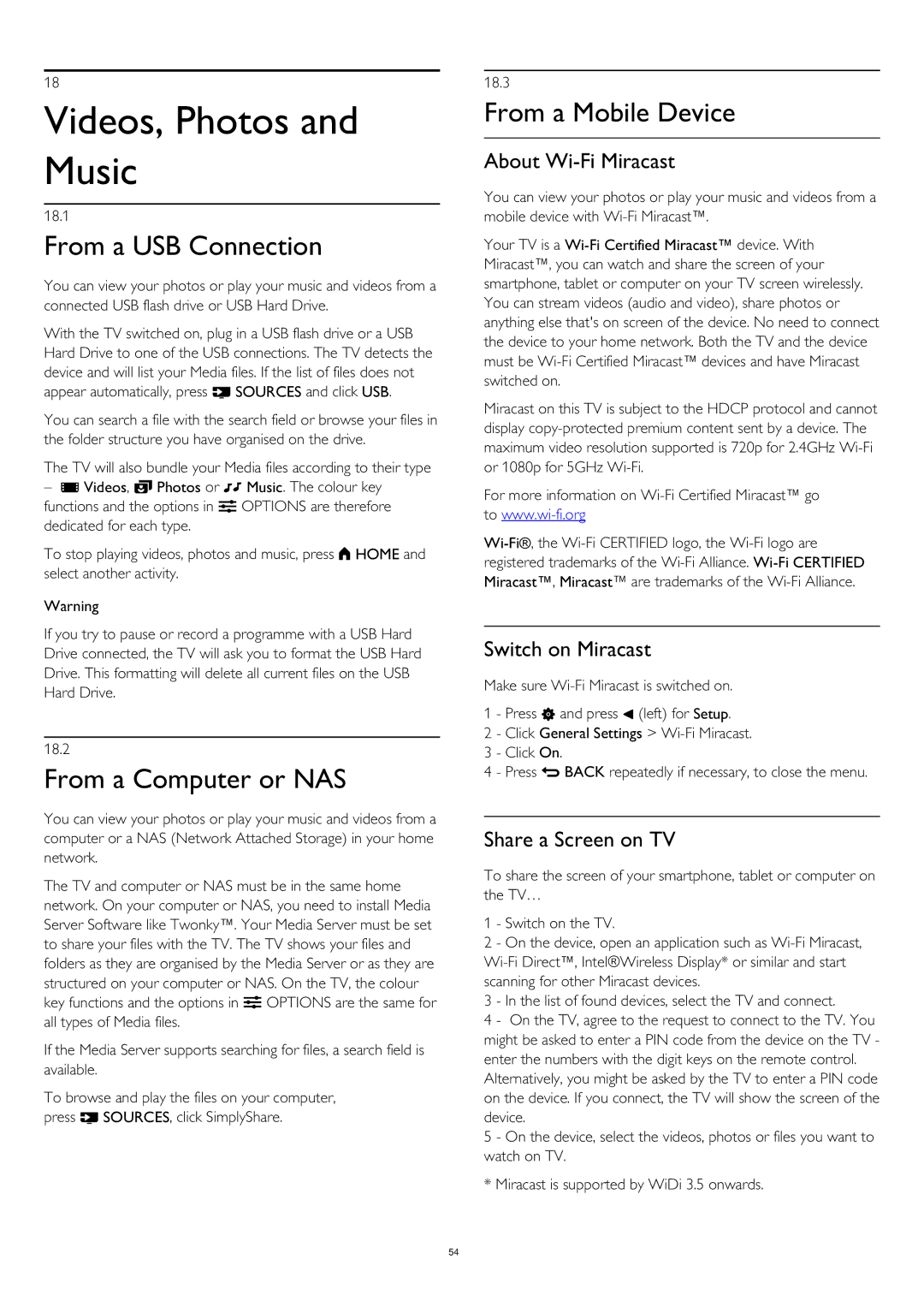 Philips 55PUS8809 user manual Videos, Photos and Music, From a USB Connection, From a Computer or NAS, From a Mobile Device 