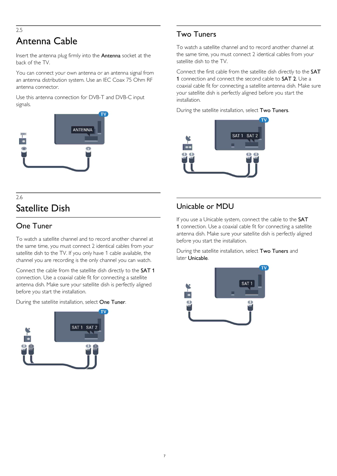 Philips 55PUS8809 user manual Antenna Cable, Satellite Dish, One Tuner, Two Tuners, Unicable or MDU 