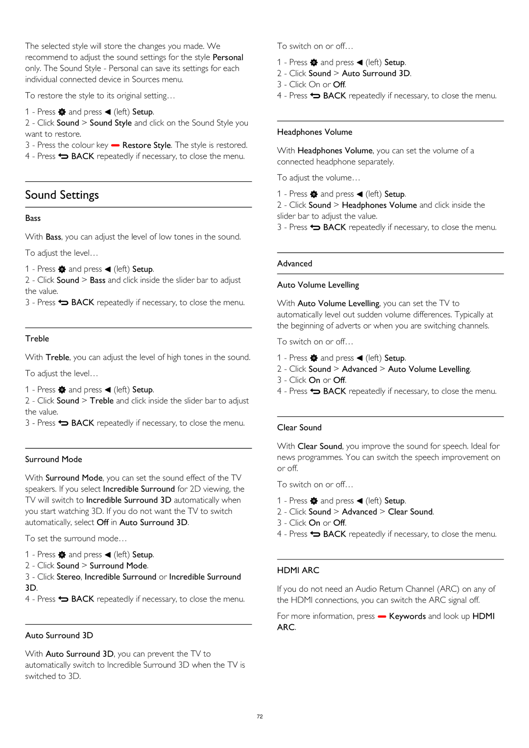 Philips 55PUS8809 user manual Sound Settings, For more information, press  Keywords and look up Hdmi ARC 