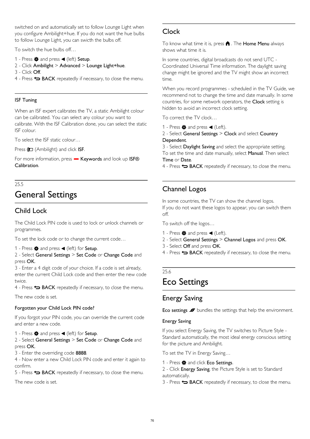 Philips 55PUS8809 user manual General Settings, Eco Settings 