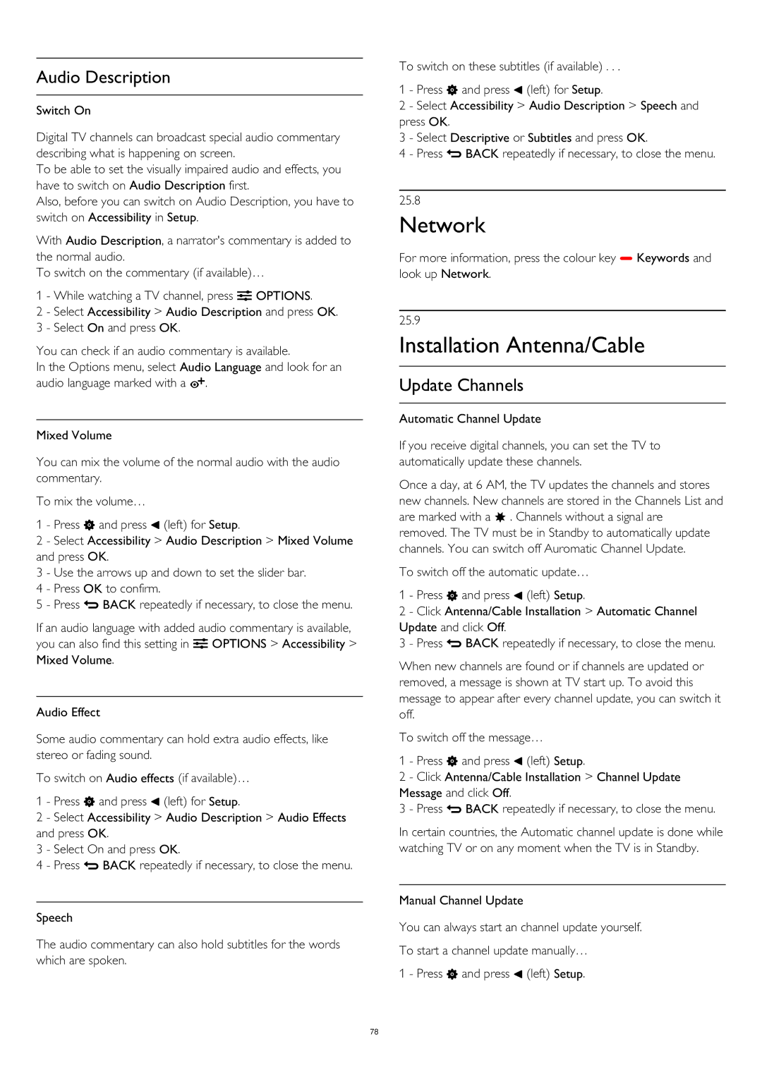 Philips 55PUS8809 user manual Network, Installation Antenna/Cable, Audio Description, Update Channels 