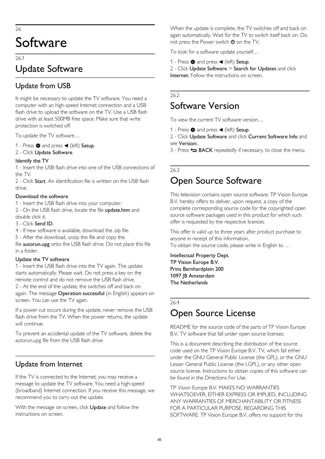 Philips 55PUS8809 user manual Update Software, Software Version, Open Source Software, Open Source License 