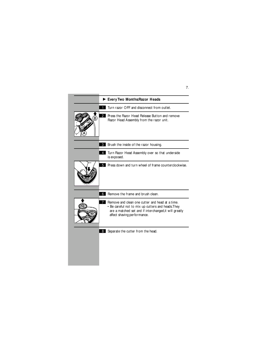 Philips 5601X Every Two MonthsRazor Heads, Turn razor OFF and disconnect from outlet, Separate the cutter from the head 