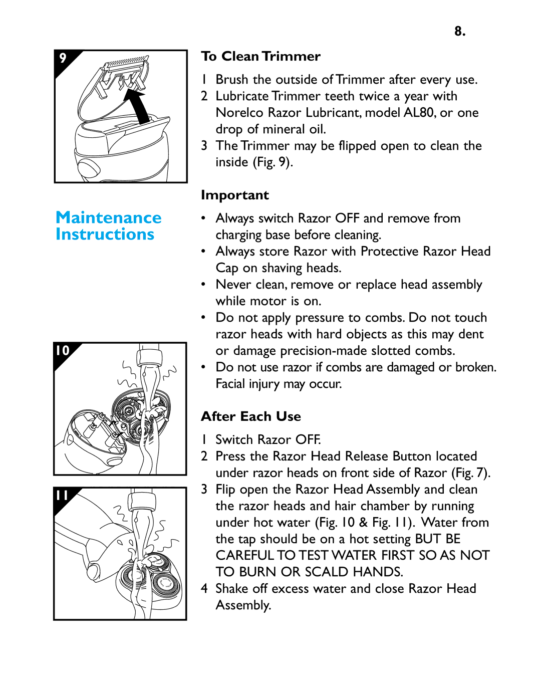 Philips 5616X manual Maintenance Instructions, To Clean Trimmer, After Each Use, Switch Razor OFF 