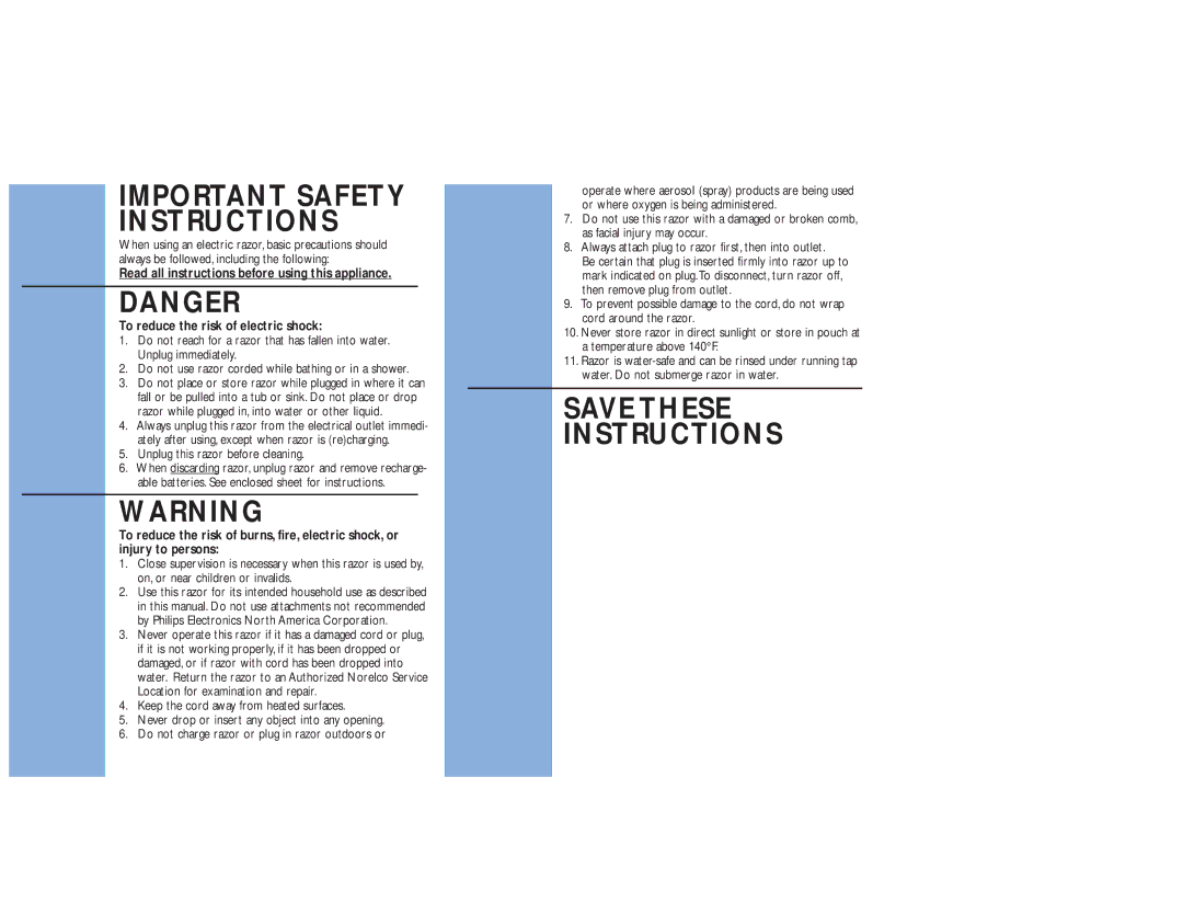 Philips 561X manual Save These Instructions 