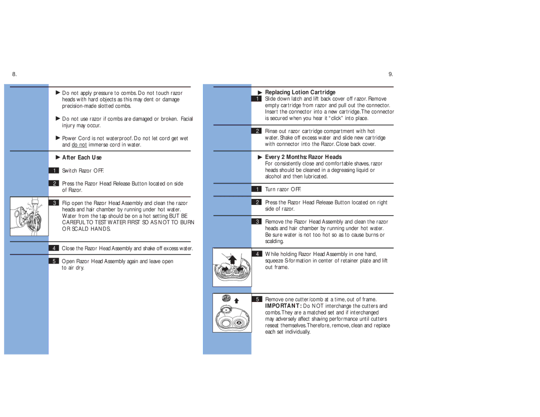Philips 561X manual After Each Use, Replacing Lotion Cartridge, Every 2 Months Razor Heads 