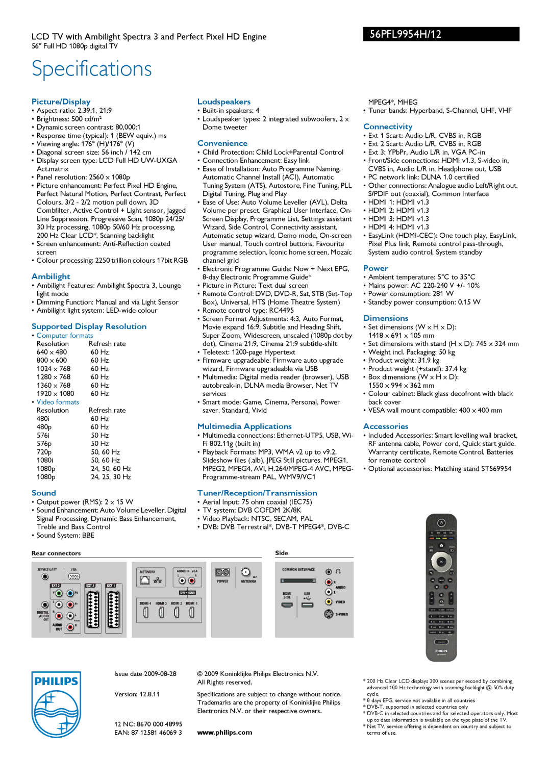 Philips 56PFL9954H/12 Picture/Display, Ambilight, Supported Display Resolution, Loudspeakers, Convenience, Connectivity 