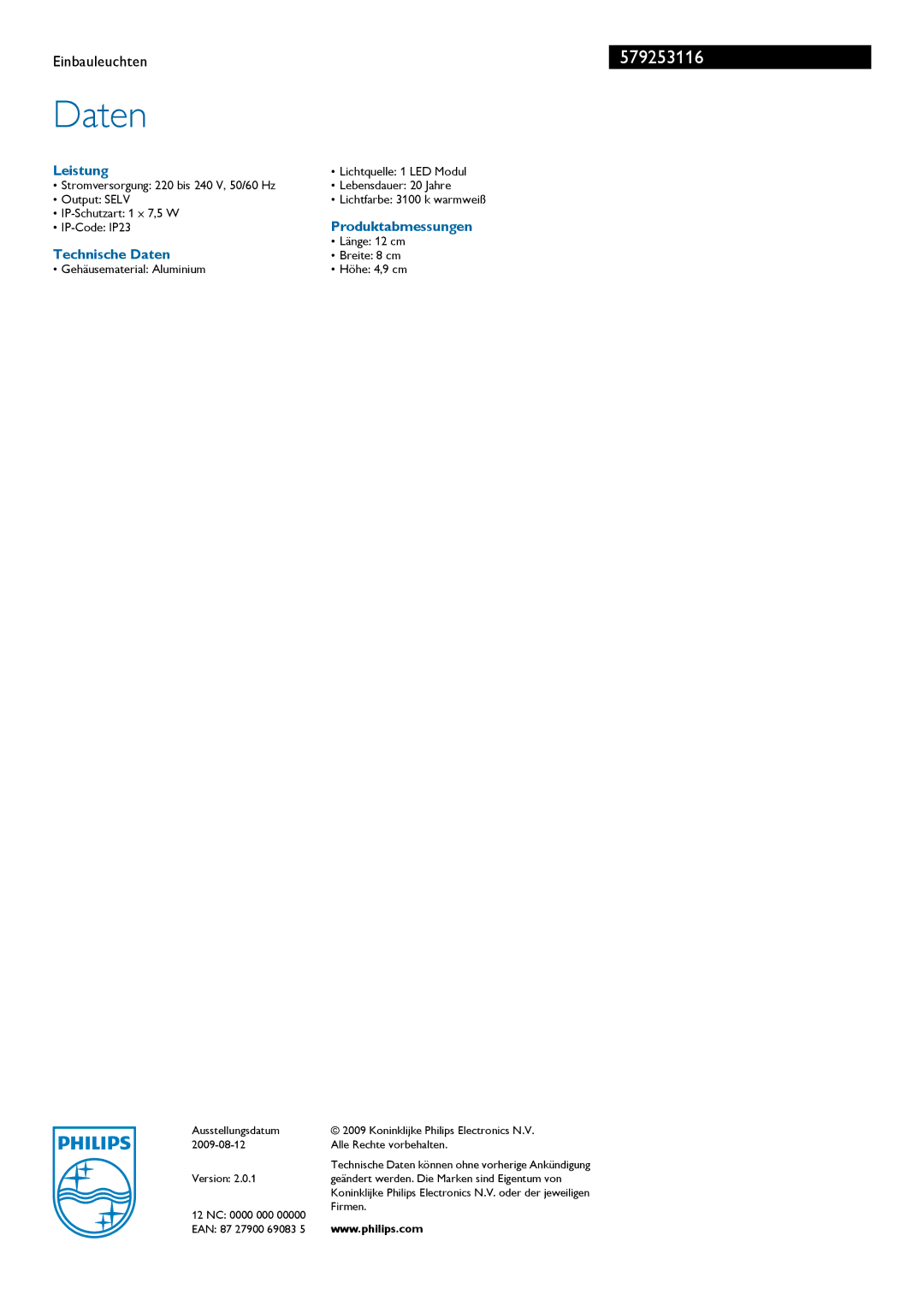 Philips 57925 manual Leistung, Technische Daten, Produktabmessungen 