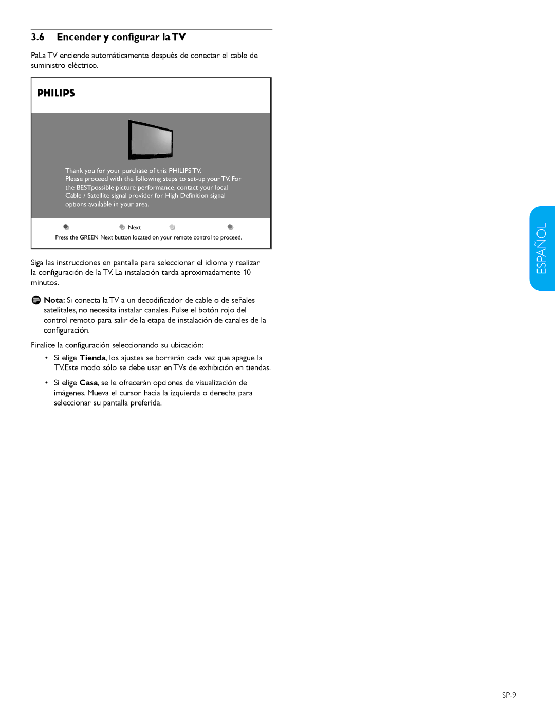 Philips 57PFL7603D, 52PFL7603D, 47PFL7603D, 42PFL7603D user manual Encender y configurar la TV, SP-9 