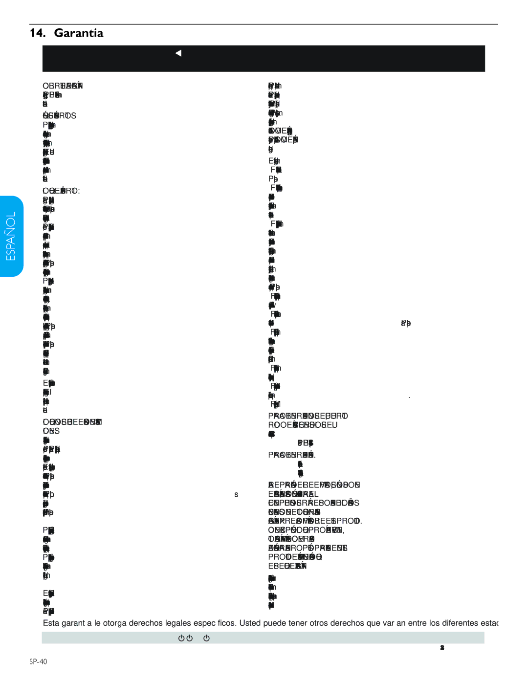 Philips 57PFL7603D, 52PFL7603D, 47PFL7603D, 42PFL7603D user manual Garantia, Si habla inglés o español, SP-40 